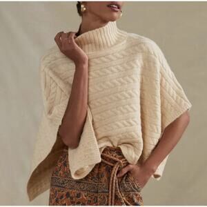 beachlunchlounge Beige Mock Neck Cable Knit Poncho Sweater 20/XXL Wool Blend EUC